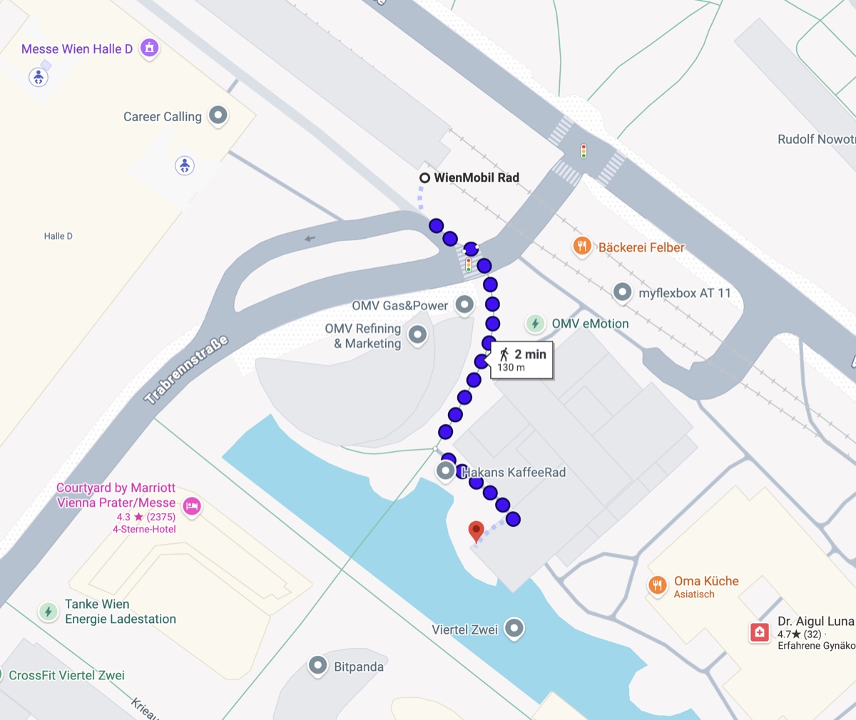 Kartenansicht: derselbe Fußweg von der U2-Station Krieau zum Picknickplatz beim Viertel Zwei als schematischer Stadtplan.